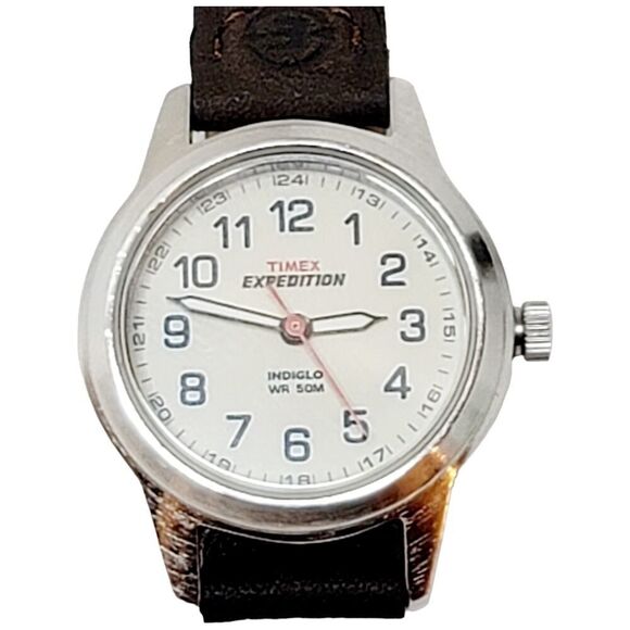 Timex Expedition Indiglo Round Silver Tone Case 26 mm Brown Leather Band Watch - Picture 1 of 9